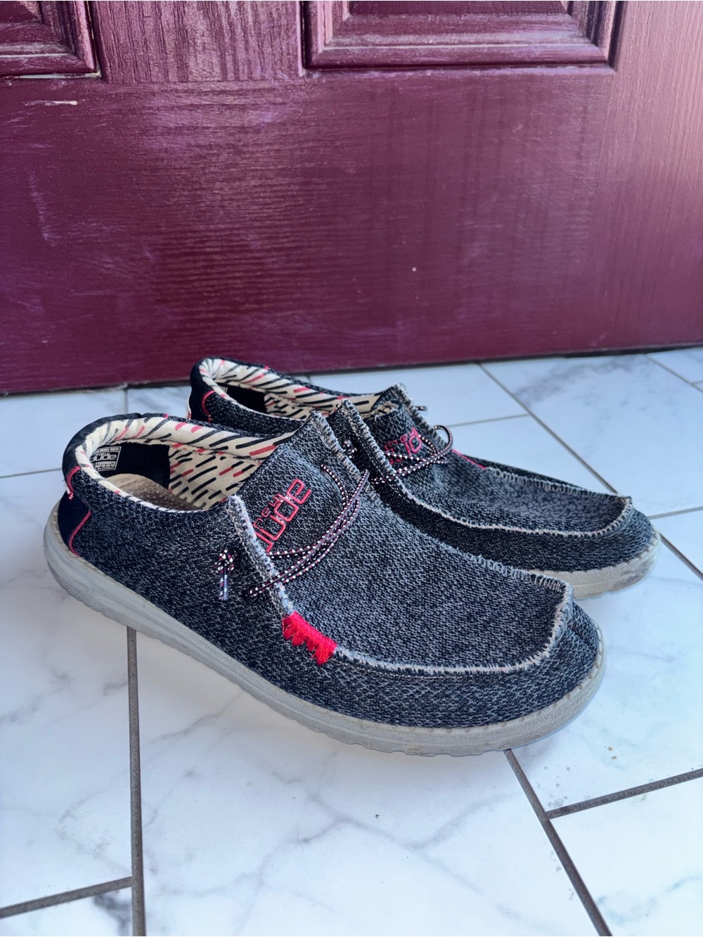 Hey Dude Men's Slip-On Shoes in Charcoal with Red Accents